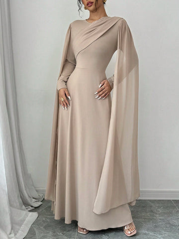 Women's Elegant Charming Party Long Sleeve Round Neck Waist Cinching Mesh Cape Solid Color Dress