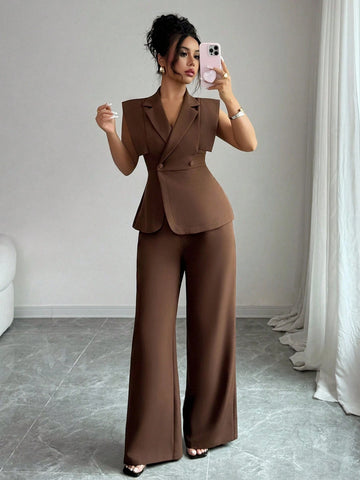 Women's Elegant Casual Suit Set With Sleeveless Blouse And Elastic Waist Pants
