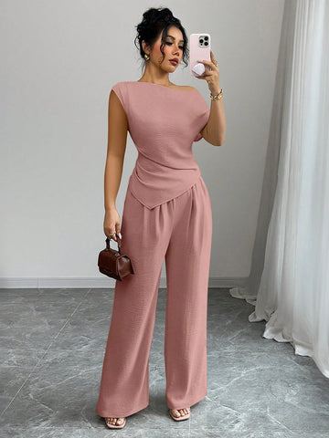 Elegant One-Shoulder Sleeveless Asymmetric Hem Fitted Top And Relaxed Straight Leg Pants