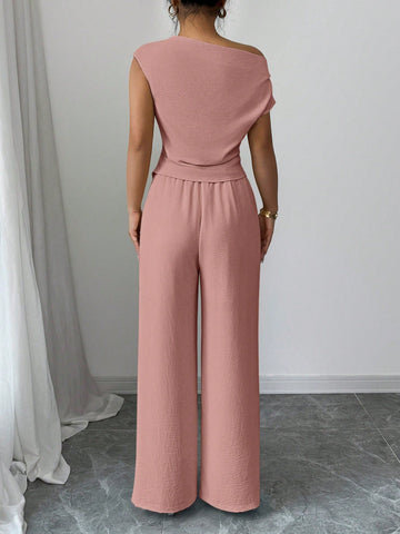 Elegant One-Shoulder Sleeveless Asymmetric Hem Fitted Top And Relaxed Straight Leg Pants