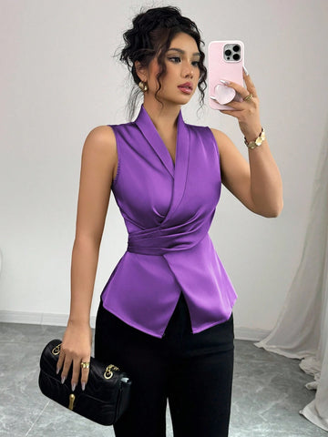 Party Collared Cross Tie Waist Pleated Ruffle Hem Sleeveless Blouse