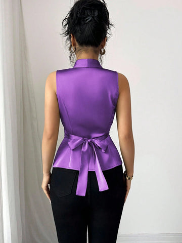 Party Collared Cross Tie Waist Pleated Ruffle Hem Sleeveless Blouse