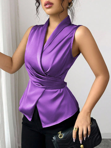 Party Collared Cross Tie Waist Pleated Ruffle Hem Sleeveless Blouse