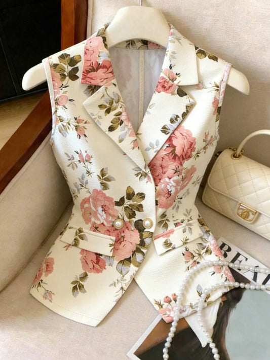 Floral Print Notched Collar Vest