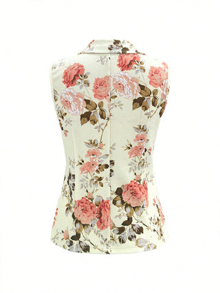 Floral Print Notched Collar Vest
