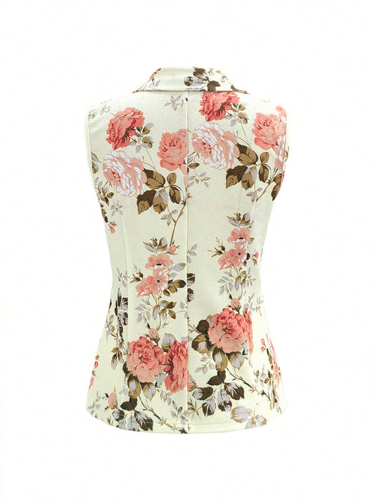 Floral Print Notched Collar Vest