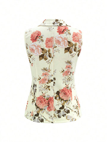 Floral Print Notched Collar Vest