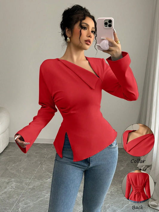 Asymmetric Slant V-Neck Long Sleeve Waist Cinched High-Low Hem Back Tie Solid Color Blouse