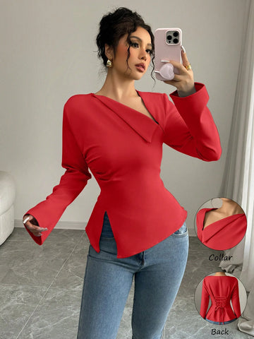Asymmetric Slant V-Neck Long Sleeve Waist Cinched High-Low Hem Back Tie Solid Color Blouse