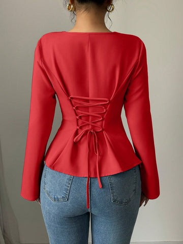 Asymmetric Slant V-Neck Long Sleeve Waist Cinched High-Low Hem Back Tie Solid Color Blouse