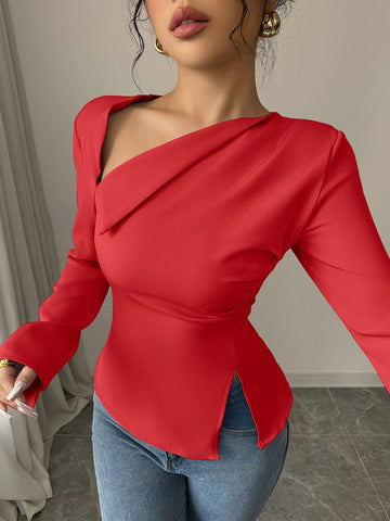 Asymmetric Slant V-Neck Long Sleeve Waist Cinched High-Low Hem Back Tie Solid Color Blouse