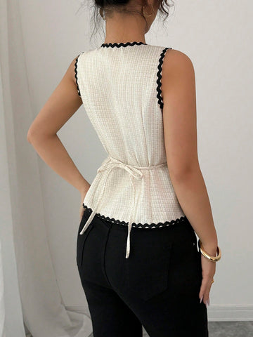 Women's Elegant Contrast Color Lace Patchwork Waist Cardigan Vest