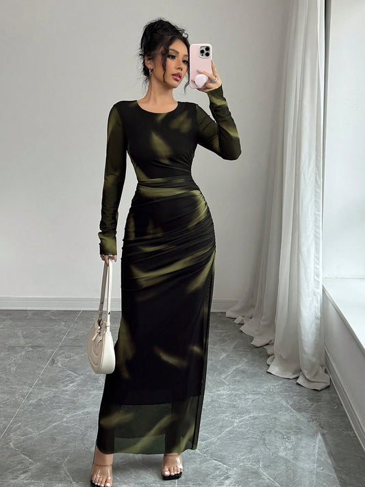 Women's Elegant Elastic Ombre Printed Mesh Ruched Bodycon Maxi Dress