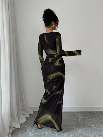 Women's Elegant Elastic Ombre Printed Mesh Ruched Bodycon Maxi Dress