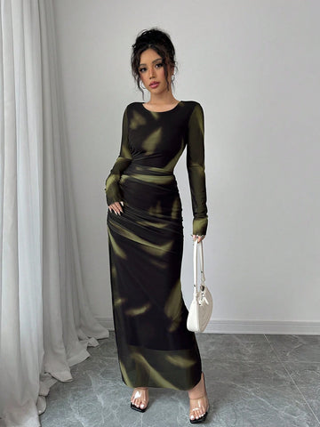 Women's Elegant Elastic Ombre Printed Mesh Ruched Bodycon Maxi Dress