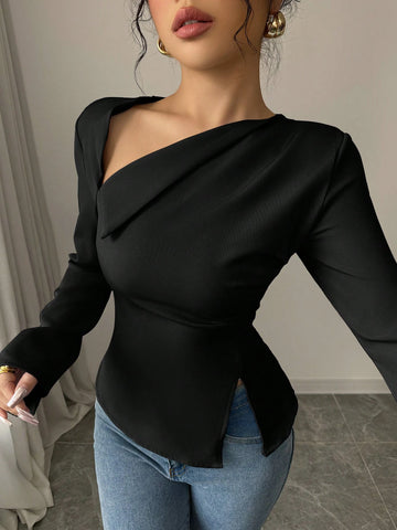 Asymmetric Slant V-Neck Long Sleeve Waist Cinched High-Low Hem Back Tie Solid Color Blouse