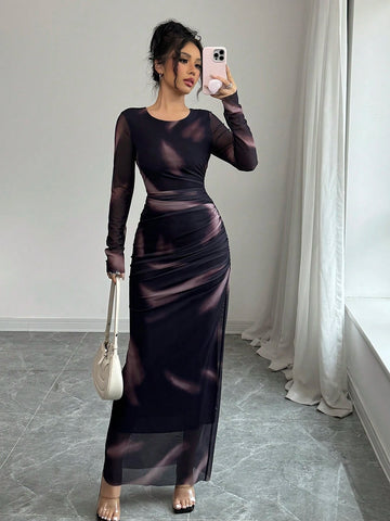 Women's Elegant Elastic Ombre Printed Mesh Ruched Bodycon Maxi Dress