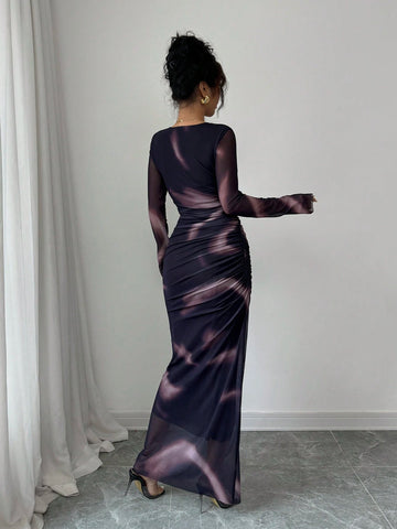 Women's Elegant Elastic Ombre Printed Mesh Ruched Bodycon Maxi Dress