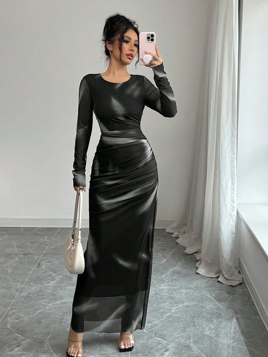 Women's Elegant Elastic Ombre Printed Mesh Ruched Bodycon Maxi Dress