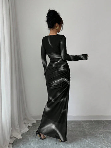 Women's Elegant Elastic Ombre Printed Mesh Ruched Bodycon Maxi Dress