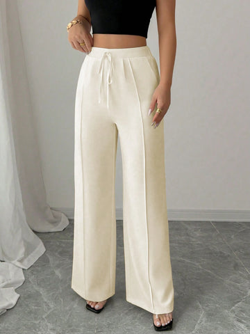 Women's Summer White Elegant Waist Tie Design Straight Leg Pants