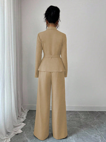 Elegant Lapel V-Neck Long Sleeve Unique Design Waist Belt Buttoned High-End Blazer Jacket And Straight Wide-Leg Pants