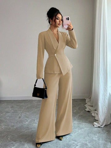 Elegant Lapel V-Neck Long Sleeve Unique Design Waist Belt Buttoned High-End Blazer Jacket And Straight Wide-Leg Pants