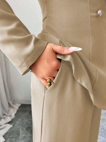 Elegant Lapel V-Neck Long Sleeve Unique Design Waist Belt Buttoned High-End Blazer Jacket And Straight Wide-Leg Pants