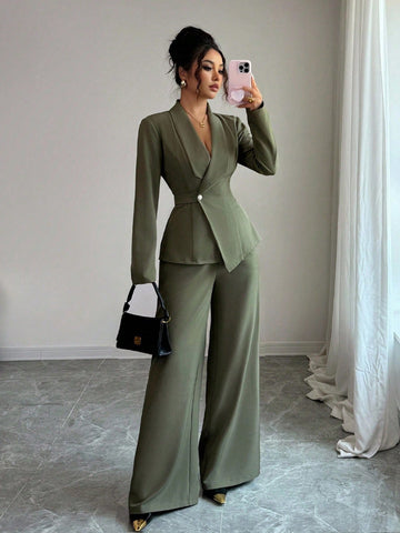 Elegant Lapel V-Neck Long Sleeve Unique Design Waist Belt Buttoned High-End Blazer Jacket And Straight Wide-Leg Pants