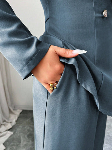 Elegant Lapel V-Neck Long Sleeve Unique Design Waist Belt Buttoned High-End Blazer Jacket And Straight Wide-Leg Pants