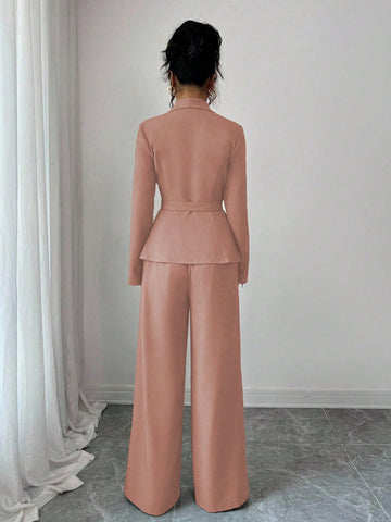 Elegant Lapel V-Neck Long Sleeve Unique Design Waist Belt Buttoned High-End Blazer Jacket And Straight Wide-Leg Pants
