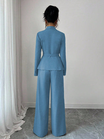 Elegant Lapel V-Neck Long Sleeve Unique Design Waist Belt Buttoned High-End Blazer Jacket And Straight Wide-Leg Pants