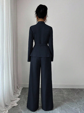 Elegant Lapel V-Neck Long Sleeve Unique Design Waist Belt Buttoned High-End Blazer Jacket And Straight Wide-Leg Pants
