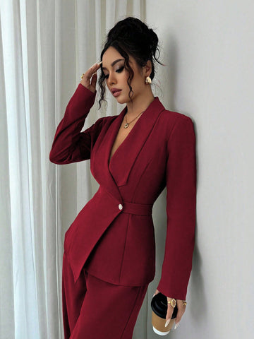 Elegant Lapel V-Neck Long Sleeve Unique Design Waist Belt Buttoned High-End Blazer Jacket And Straight Wide-Leg Pants