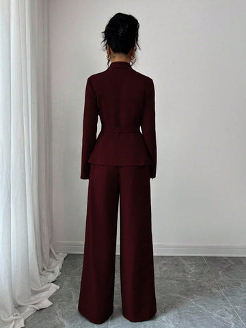 Elegant Lapel V-Neck Long Sleeve Unique Design Waist Belt Buttoned High-End Blazer Jacket And Straight Wide-Leg Pants