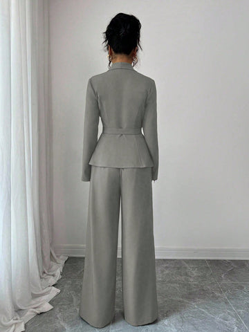 Elegant Lapel V-Neck Long Sleeve Unique Design Waist Belt Buttoned High-End Blazer Jacket And Straight Wide-Leg Pants