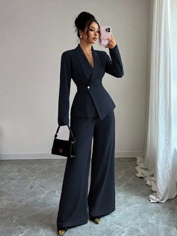 Elegant Lapel V-Neck Long Sleeve Unique Design Waist Belt Buttoned High-End Blazer Jacket And Straight Wide-Leg Pants