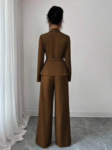 Elegant Lapel V-Neck Long Sleeve Unique Design Waist Belt Buttoned High-End Blazer Jacket And Straight Wide-Leg Pants