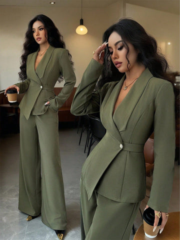 Elegant Lapel V-Neck Long Sleeve Unique Design Waist Belt Buttoned High-End Blazer Jacket And Straight Wide-Leg Pants