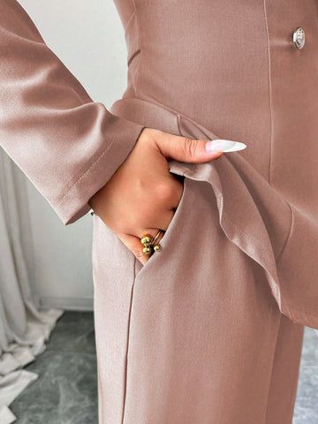 Elegant Lapel V-Neck Long Sleeve Unique Design Waist Belt Buttoned High-End Blazer Jacket And Straight Wide-Leg Pants