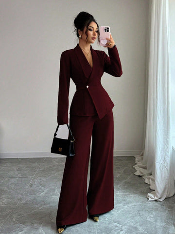 Elegant Lapel V-Neck Long Sleeve Unique Design Waist Belt Buttoned High-End Blazer Jacket And Straight Wide-Leg Pants