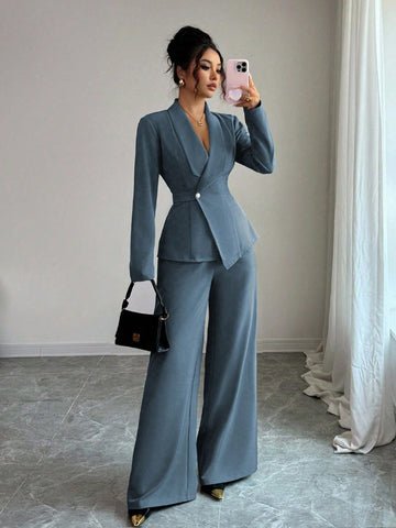 Elegant Lapel V-Neck Long Sleeve Unique Design Waist Belt Buttoned High-End Blazer Jacket And Straight Wide-Leg Pants