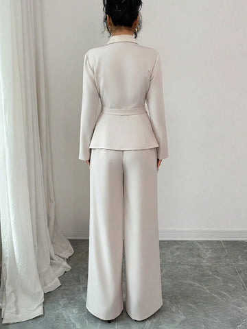 Elegant Lapel V-Neck Long Sleeve Unique Design Waist Belt Buttoned High-End Blazer Jacket And Straight Wide-Leg Pants