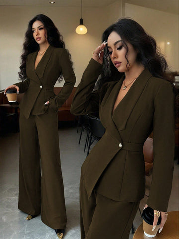 Elegant Lapel V-Neck Long Sleeve Unique Design Waist Belt Buttoned High-End Blazer Jacket And Straight Wide-Leg Pants