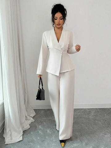 Elegant Lapel V-Neck Long Sleeve Unique Design Waist Belt Buttoned High-End Blazer Jacket And Straight Wide-Leg Pants