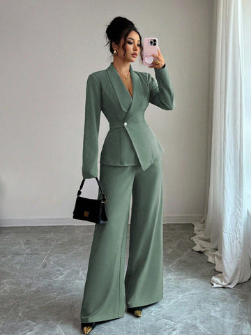 Elegant Lapel V-Neck Long Sleeve Unique Design Waist Belt Buttoned High-End Blazer Jacket And Straight Wide-Leg Pants