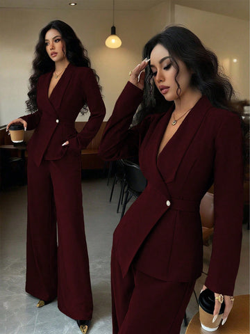 Elegant Lapel V-Neck Long Sleeve Unique Design Waist Belt Buttoned High-End Blazer Jacket And Straight Wide-Leg Pants