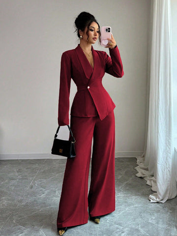 Elegant Lapel V-Neck Long Sleeve Unique Design Waist Belt Buttoned High-End Blazer Jacket And Straight Wide-Leg Pants