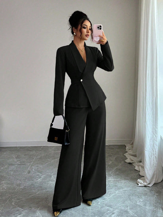 Elegant Lapel V-Neck Long Sleeve Unique Design Waist Belt Buttoned High-End Blazer Jacket And Straight Wide-Leg Pants