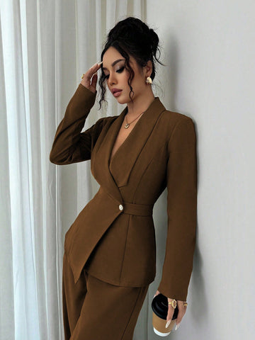 Elegant Lapel V-Neck Long Sleeve Unique Design Waist Belt Buttoned High-End Blazer Jacket And Straight Wide-Leg Pants